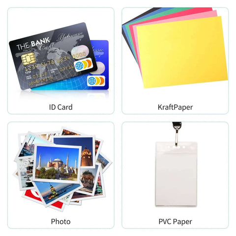 Image showing ID cards, colored kraft paper, photos, and PVC sheet, illustrating use for Go-To All Metal Single Hole Puncher With Lever.
