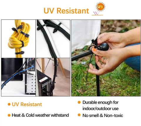 Person using 100 Pack Reusable Zip Ties 8 Inch Heavy Duty Outdoor UV Resistant Releasable 60 Lb Black Cable Ties on yellow hose