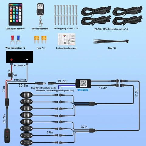 8 Pods RGB LED Rock Lights Kit diagram with components, including remotes, wires, and connectors for Jeep, Trucks, ATV, UTV, RZR, SUV, Golf Carts.