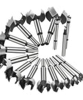 16 Piece Forstner Bit Set Heavy Duty Woodworking Drill Bits featuring precision ground tips and solid round shanks arranged in a circle.