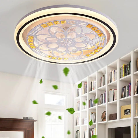 20In LED Enclosed Low Profile Flower Ceiling Fan Light With Remote in living room, decorative flower design.
