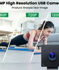 Woman doing plank with Global Shutter USB Wide Angle Webcam With 110 Degree Low Distortion Lens 1080p At 90fps Camera in foreground