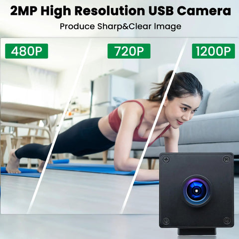 Woman doing plank with Global Shutter USB Wide Angle Webcam With 110 Degree Low Distortion Lens 1080p At 90fps Camera in foreground