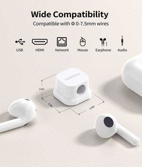 Magnetic Cable Clips Cord Organizer Set For Desk And Office with dimensions for various cables, shown with earphones and USB compatibility.