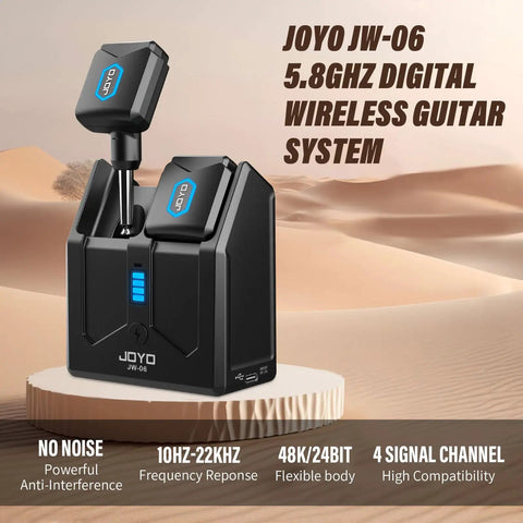Five Point Eight Gigahertz Wireless Guitar System With Charging Case Pro Grade Dope Low Latency Clean Signal Four Channel Transmitter And Receiver Rechargeable Battery Powers Twice And Up To Six Hours For Electric Instruments JW06 in desert backdrop.