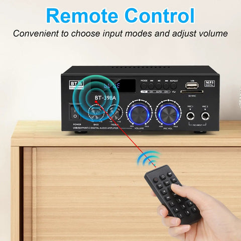 Two Channel 450W Bluetooth 5 Point 0 Home Audio Amplifier Receiver displayed with a remote control on a wooden shelf
