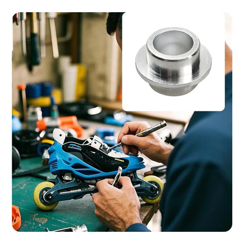 Person assembling skate using Aluminum Inline Skate Bearing Spacers Set Of 10 For 8mm Axles self centering bushings