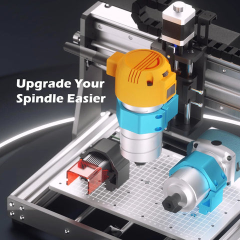 Genmitsu 3020-PRO MAX V2 CNC router front view showing orange spindle housing and blue motor mount on aluminum frame.
