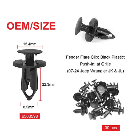 Badass 121 Piece Fender Clip Kit For Jeep Wrangler Jl Jk Grand Cherokee Premium Heavy Duty Auto Retainer Push Pins Plastic Rivets Rocker Body Panels Oem Replacement, 30 black plastic push-in clips for fender flare.