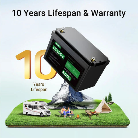 12V 100Ah LiFePO4 Battery with RV, mountain, 10-year lifespan text, showcasing off-grid and marine adventure use.