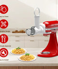 Pasta Maker Attachment For Stand Mixer With 6 Shapes Of Pasta Outlet Durable Accessory For Homemade Noodles, shown on red mixer