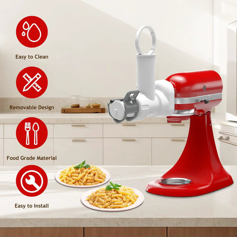 Pasta Maker Attachment For Stand Mixer With 6 Shapes Of Pasta Outlet Durable Accessory For Homemade Noodles, shown on red mixer