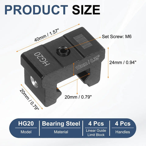 HG20 Linear Guide Rail Fixed Slider Set With Anti Collision Block dimensions and details, 40x20x25mm size, CNC precision
