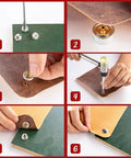 Collage showing installation steps of the Stainless Steel Boat Snap Kit With 30 Sockets, 30 Covers And 30 Snap Buttons.