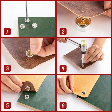 Collage showing installation steps of the Stainless Steel Boat Snap Kit With 30 Sockets, 30 Covers And 30 Snap Buttons.