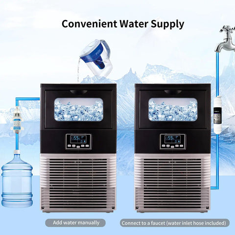 Supercharged Countertop Ice Maker With Built In Auto Clean That Whips Up 66 Pounds Daily Plus 32 Cubes Per Cycle sits with water supply options.