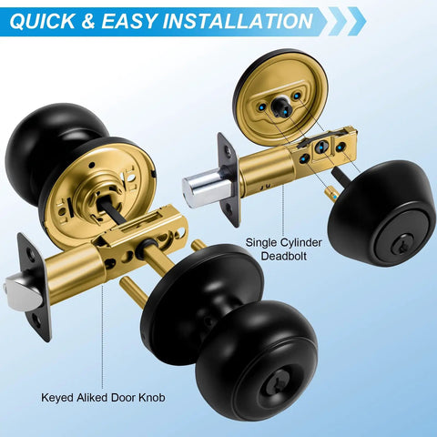 4 Pack Front Door Lock Set in Matte Black With Deadbolt and Door Knob, Keyed Alike Single Cylinder Lockset, Easy Install