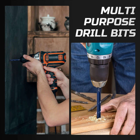 SONCHIE serrated masonry drill set, 8-piece; left shows orange cordless drill, right shows blue bit drilling into wood.