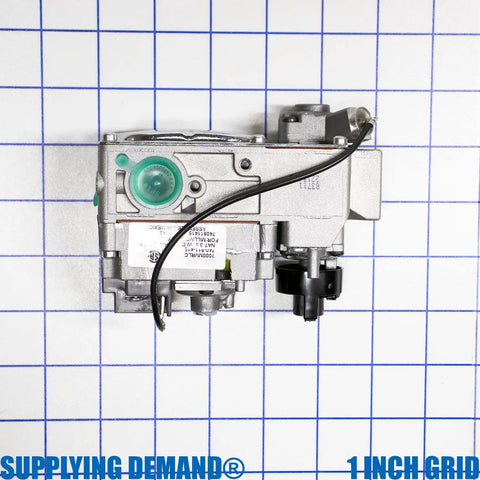 Top view of Low Capacity Millivolt Gas Valve 1/2 Inch By 1/2 Inch, Compact Replacement Valve for gas furnaces on a grid background.