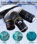 Close-up of a 40X To 2500X Lab Microscope With Led Illumination And Double 3D Mechanical Stage showing objectives and magnification levels.