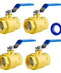 4-pack of 3/4 inch full port brass ball valves with 1/4 turn blue handles, 600 WOG, NPT FIP connections, corrosion resistant, UPC certified.