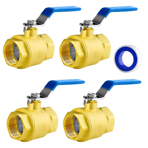 4-pack of 3/4 inch full port brass ball valves with 1/4 turn blue handles, 600 WOG, NPT FIP connections, corrosion resistant, UPC certified.