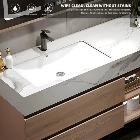 Top Tier Double Sink Bathroom Vanity Made From Solid Wood Featuring Integrated Ceramic Sink And Built In LED Defogging Mirror For A No Fuss Super Slick Morning Routine with smooth basin and modern faucet.