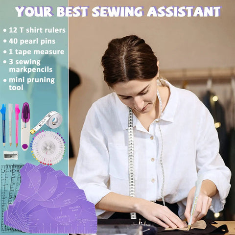 Sublimation Shirts Tool Kit with Round Neck and V Neck Ruler Set, woman using ruler set and sewing tools for DIY projects