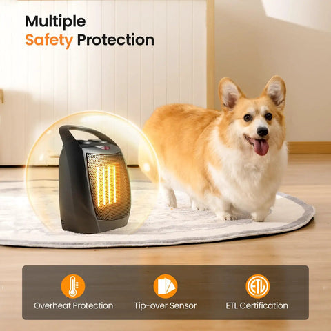Compact Ceramic Space Heater With Adjustable Thermostat And Overheat Protection next to corgi, ETL Listed, Black