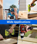 Various power drills driving No 10 Deck Screws, 2-1/2 Inch, 65 Pack, Epoxy Coated Carbon Steel into wood for outdoor projects.