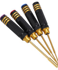 Four Piece RC Screwdriver Set Aluminum Alloy Repair Tool Kit With 1.27mm 1.3mm 1.5mm Hex And 4mm Socket in a fan arrangement