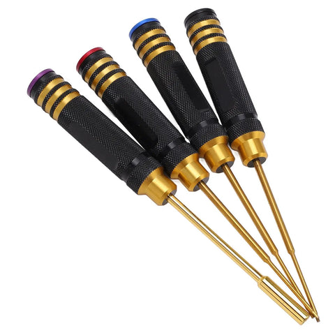 Four Piece RC Screwdriver Set Aluminum Alloy Repair Tool Kit With 1.27mm 1.3mm 1.5mm Hex And 4mm Socket in a fan arrangement