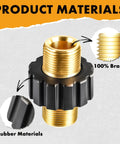 Front view of Twinkle Star pressure washer hose quick connector, brass M22 male thread with black plastic knob