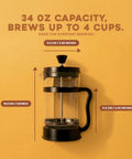 34 Oz Borosilicate Glass French Press Coffee Maker With 4 Filter Sieve System And 80 Mesh Filter For Rich Residue Free Brew Heat Resistant Cafetiere And Tea Maker Thickened Glass Travel And Camping Ready Black on a yellow background