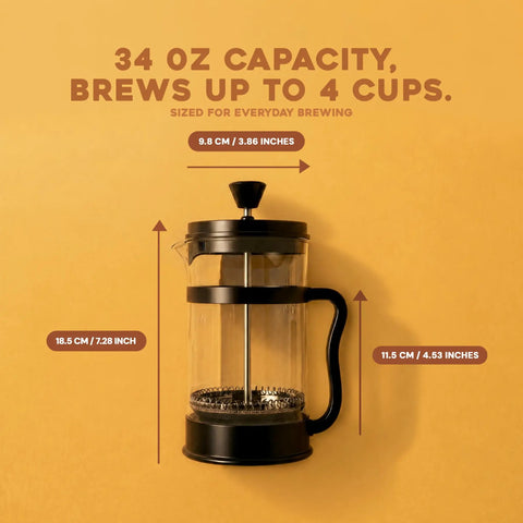 34 Oz Borosilicate Glass French Press Coffee Maker With 4 Filter Sieve System And 80 Mesh Filter For Rich Residue Free Brew Heat Resistant Cafetiere And Tea Maker Thickened Glass Travel And Camping Ready Black on a yellow background