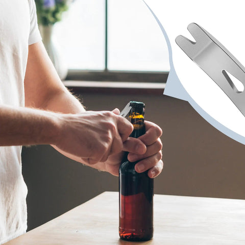 Person using Mini Stainless Steel Pocket Pry Bar Crowbar EDC Tool Five Pack Grab And Go Multifunction Survival Opener on bottle