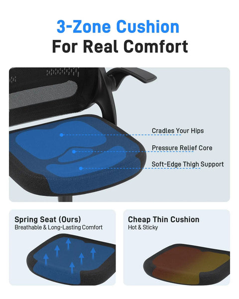 Ergonomic Mesh Office Chair with flip-up armrests, three-zone cushion for comfort, breathable mesh back, thick seat cushion.