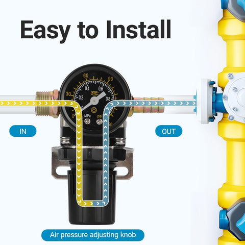 Diagram showing installation of Stainless Steel Air Compressor Pressure Regulator One Quarter Inch PT With Mounting Bracket And Gauge Adjustable