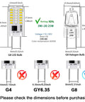 Comparison chart of G8 LED Bulb Dimmable T4 Bi Pin JCD Type Base 6000K Daylight White 3W and halogen bulbs with dimensions and specs.