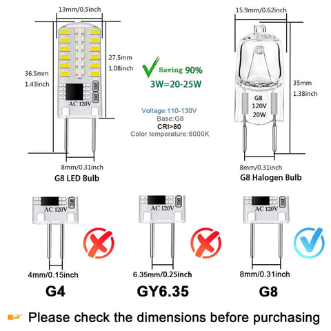 Comparison chart of G8 LED Bulb Dimmable T4 Bi Pin JCD Type Base 6000K Daylight White 3W and halogen bulbs with dimensions and specs.