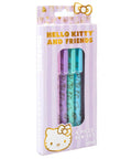 Kawaii Sanrio Pen Set With Four Color Ballpoint Pens Featuring My Melody And Kuromi Glitter Gold Foil Accents in packaging.