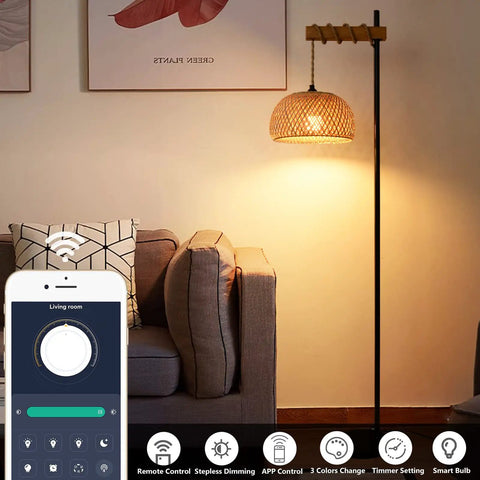 Boho Floor Lamp With Remote For Living Room And Bedroom, Farmhouse Dimmable Rattan Standing Lamp With Bamboo Lampshade, Wood Black Tall Lamp, App Control And Smart Bulb Included, 9W LED, Cozy Warm Glow