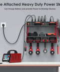 Heavy Duty Wall Mount Power Tool Organizer With Charging Station, red rack on wall, drills and batteries plugged in, 8 outlet power strip