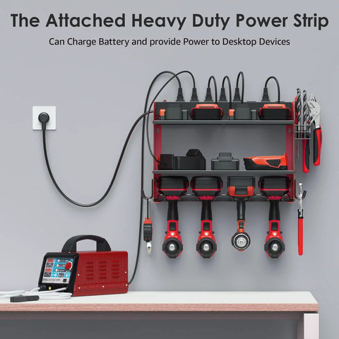 Heavy Duty Wall Mount Power Tool Organizer With Charging Station, red rack on wall, drills and batteries plugged in, 8 outlet power strip
