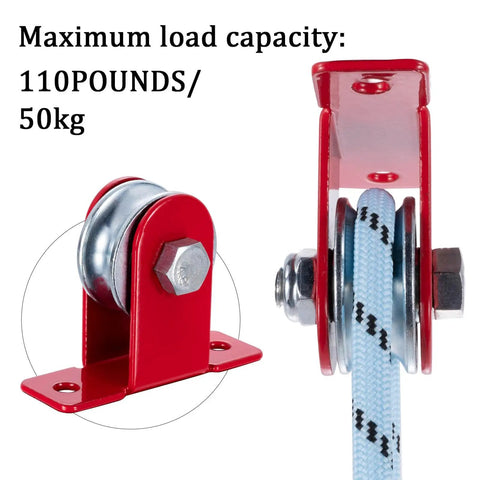 Product focus keyword is: Rope Pulley System Kit With 32mm Wheel, Wall Mount, Ball Bearing Inside, For Quiet Smooth Spin, Heavy Duty Rope Pulley Set, DIY Ready Install, 2 Pack Durable Construction For Gym Garage Or Workshop Use. Red wall-mount pulley with rope, 32mm wheel, ball bearing, 50kg load
