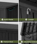 Features of Heavy Duty 150 Gallon Waterproof Outdoor Storage Box: built-in handle, lockable, premium wood, long-lasting construction.