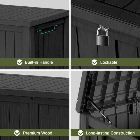 Features of Heavy Duty 150 Gallon Waterproof Outdoor Storage Box: built-in handle, lockable, premium wood, long-lasting construction.