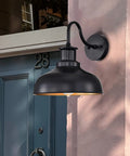 Gooseneck Barn Light Outdoor Wall Sconce Rustic Industrial Exterior Lighting Black Lantern With Gold Interior installed on house wall
