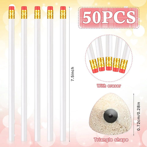 50 Pack Triangular Grip Wood Pencils With Erasers White HB Graphite Pencils For Writing Drawing And Sketching