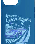 Drive The Open Highway Sail The Open Sea illustration phone case with sports car and sailboat design on blue background.
